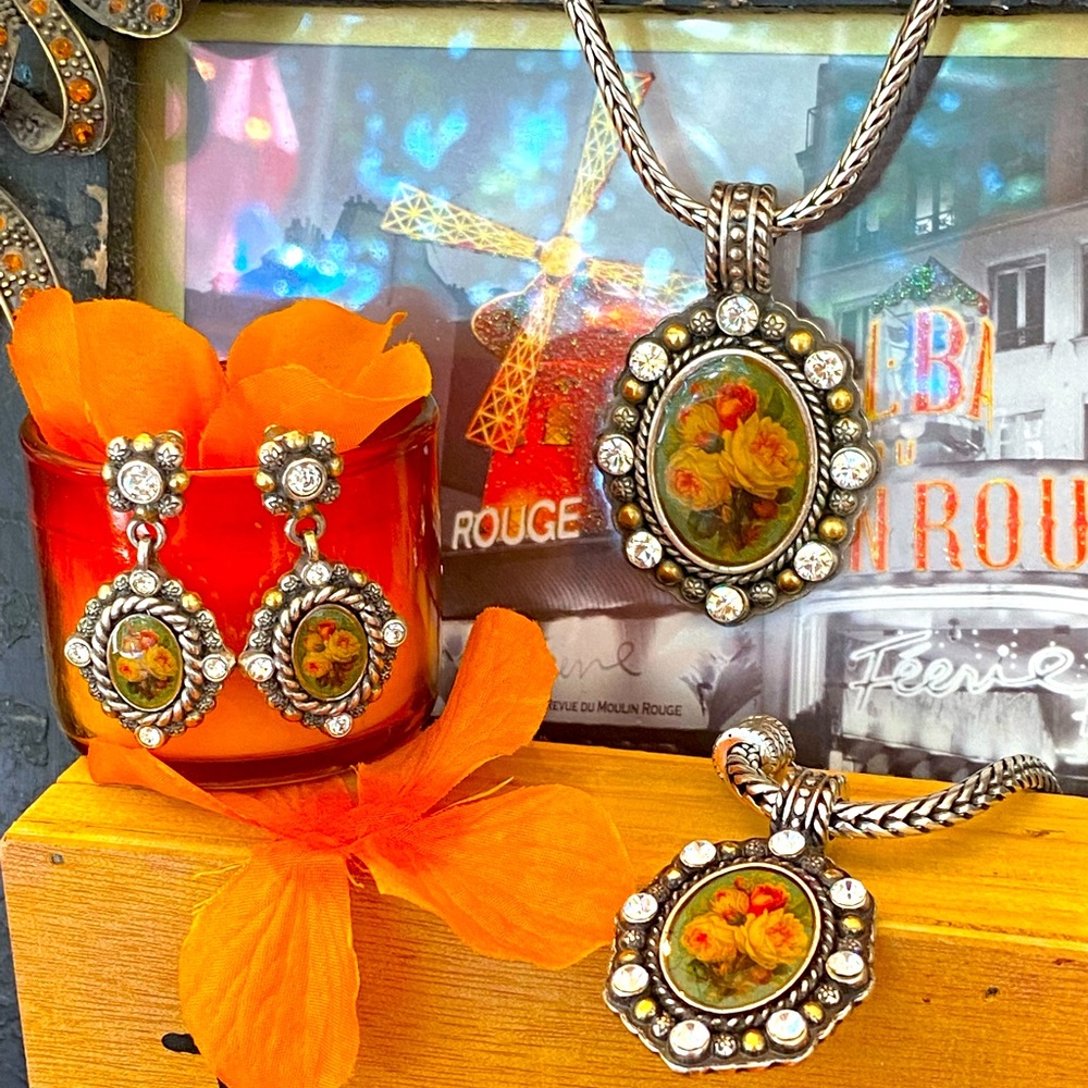 Brighton LOVE TOKEN flower Roses cameo crystal Necklace Bracelet earrings Set